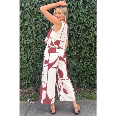 White Abstract Printed Button Back Vest and Wide Leg Pants Set