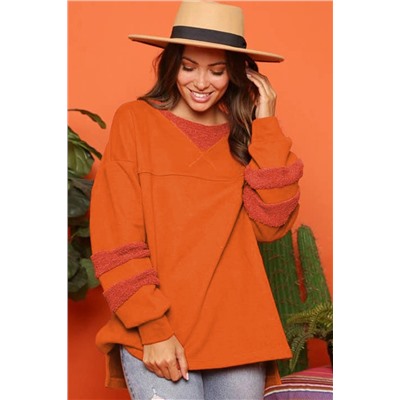 Carrot Fleece Patchwork Side Slits High Low Sweatshirt