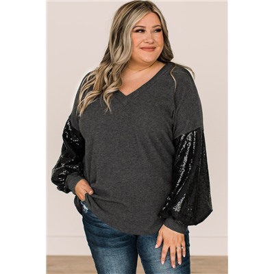 Black Plus Size Sequin Bubble Sleeve V Neck Knit Top