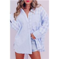 Sky Blue Mix Checked Patchwork Long Sleeve Shirt