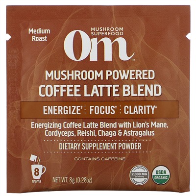 Om Mushrooms, Mushroom Powered Coffee Latte Blend, 10 Packets, 0.28 oz (8 g) Each