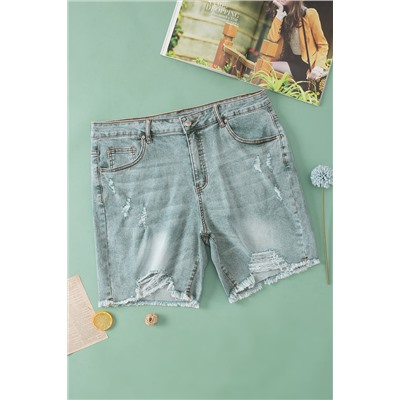 Light Blue Plus Size Distressed Rolled Hem Denim Shorts