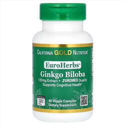 California Gold Nutrition, EuroHerbs, экстракт гинкго билоба, европейское качество, 120 мг, 60 растительных капсул