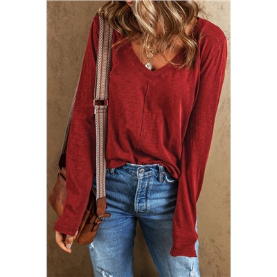 Fiery Red Sandalwood V Neck Center Seam Long Sleeve Tee