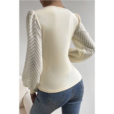 Apricot Delicate Textured Mesh Sleeve Ribbed Knit Blouse