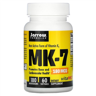 Jarrow Formulas, MK-7, самая активная форма витамина K2, 180 мкг, 60 мягких таблеток