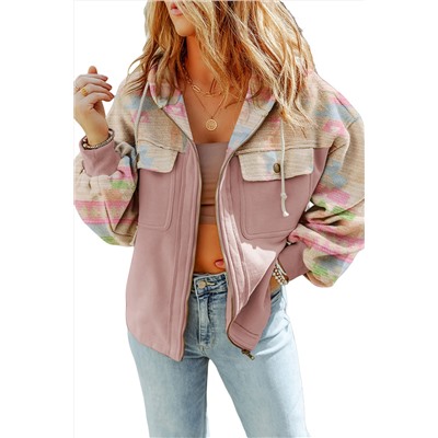 Light Pink Aztec Patch Drawstring Hooded Zip Up Jacket