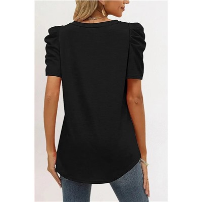 Black Puff Sleeve V-Neck T-Shirt