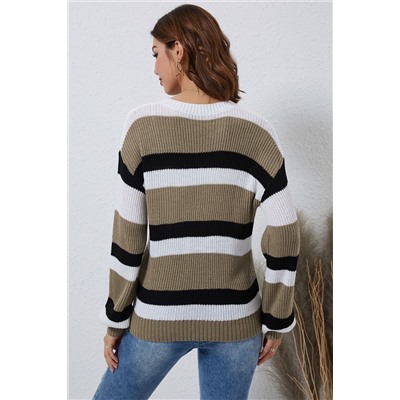 Gray Striped Colorblock Pattern Knit Sweater