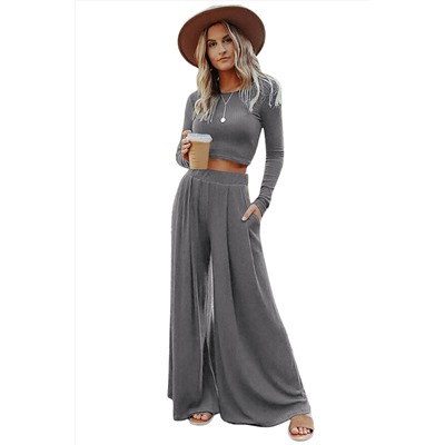 Gray Solid Color Ribbed Crop Top Long Pants Set