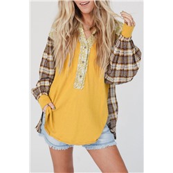 Yellow Floral Plaid Mixed Print Bishop Sleeve Patchwork Top