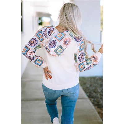 White Geometric Patchwork Raglan Sleeve Henley Hoodie