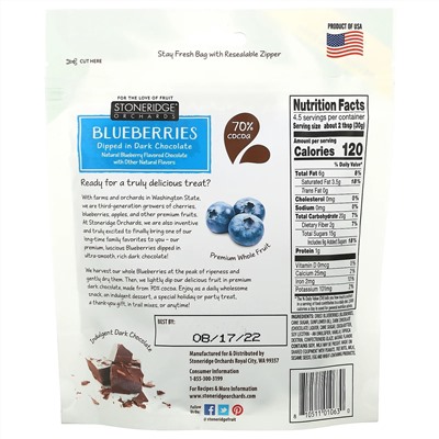 Stoneridge Orchards, Голубика в темном шоколаде, 70% какао, 142 г (5 унций)