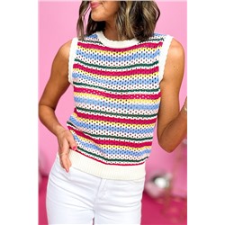 White Colorful Stripe Scalloped Trim Sweater Vest