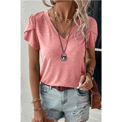 Rose Tan Fashion Petal Sleeve V Neck T Shirt