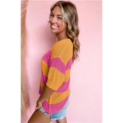 Orange Stripe Color Block Knitted T-shirt Sweater