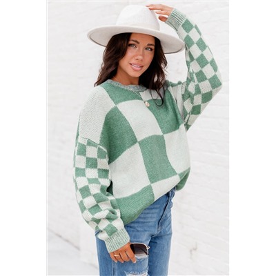 Mint Green Checkered Print Drop Shoulder Sweater