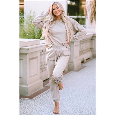 Beige Long Sleeve Top and Drawstring Pants Lounge Outfit
