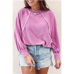 Pink Plus Size Exposed Seam Terry Long Sleeve Top