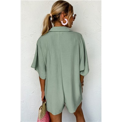 Spinach Green Half Button Collared Loose Romper