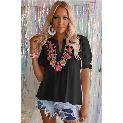 Black Floral Embroidered Ruffled Puff Sleeve Blouse