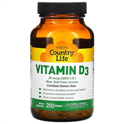 Country Life, Витамин D3, 1000 МЕ, 200 желатиновых капсул