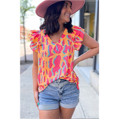 Orange Abstract Print V Neck Ruffled Sleeve Blouse