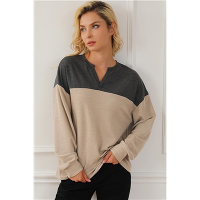 Carbon Grey Notched Neck Colorblock Corded Sweatshirt