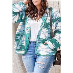 Green Geometric Aztec Pattern Plus Size Fleece Jacket