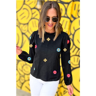 Black Floral Embroidered Puff Sleeve Top