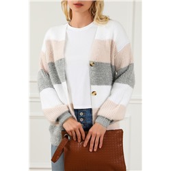 Stripe Color Block Button Front Fuzzy Knit Cardigan