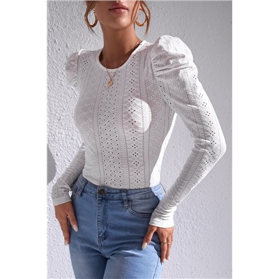 White Jacquard Textured Puff Sleeve O-Neck Top