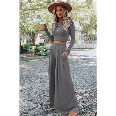 Gray Solid Color Ribbed Crop Top Long Pants Set