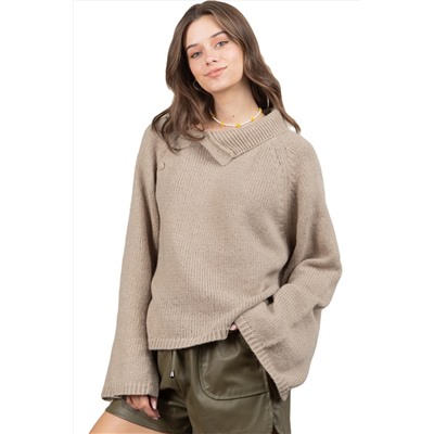 Smoke Gray Wide Sleeve High Neck Side Buttoned Sweater