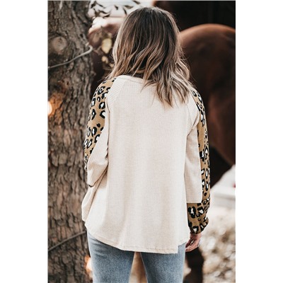 Beige Printed Plus Size Waffle Knit Contrast Leopard Long Sleeve Top