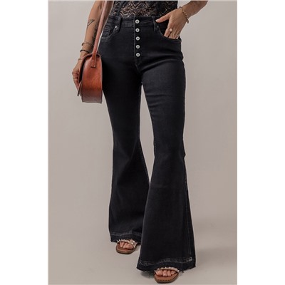 Black High Waist Button Front Flare Jeans