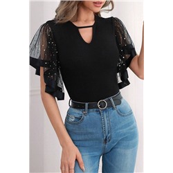 Black Starry Mesh Flutter Sleeve Slim Fit Top