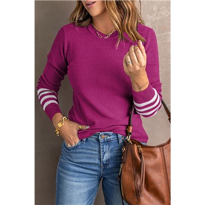 Rose Striped Sleeve Plain Knit Sweater