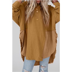 Camel Crinkle Splicing Raw Hem High Low Oversized Blouse