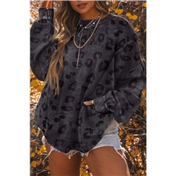 Carbon Grey Leopard Print Loose Fit Pullover Sweatshirt