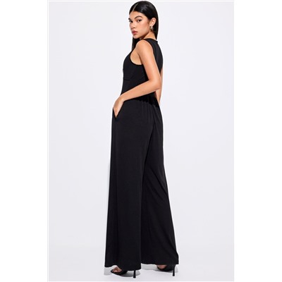 Black Cinched Waist Sleeveless Wide Leg Jumpsuit