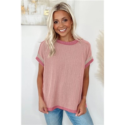 Light Pink Textured Contrast Trim Round Neck T Shirt