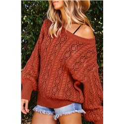 Orange Exquisite Knitted Drop Shoulder Puff Sleeve Sweater