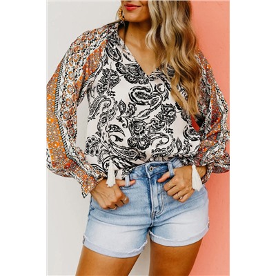 Bright White Abstract Print Flounce Sleeve Tasseled V Neck Blouse