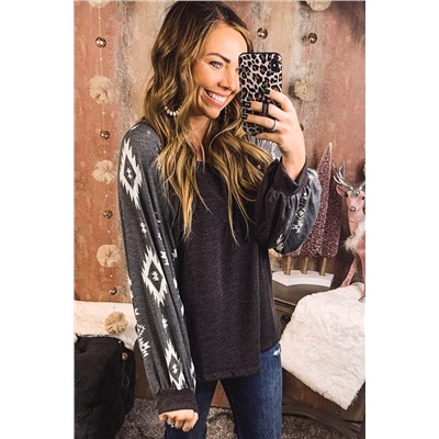 Black Western Print Patch Long Sleeve Top