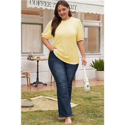 Yellow Stripe Short Puff Sleeve Plus Size Jumper