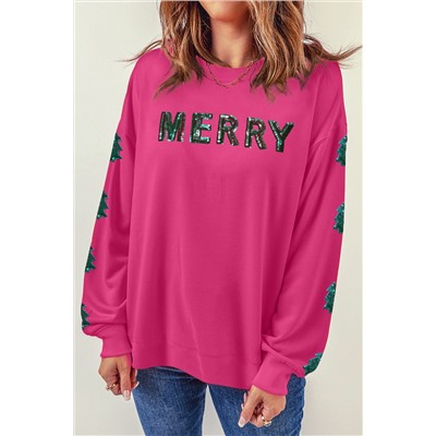 Strawberry Pink MERRY Christmas Tree Sequin Patchwork Sweatshirt