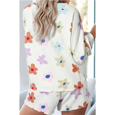 White Floral Long Sleeve Henley Top and Drawstring Shorts Set