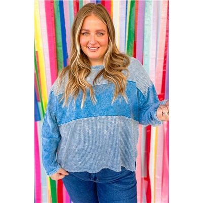 Sky Blue Plus Size Waffle Knit Patchwork Drop Shoulder Top