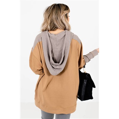 Camel Contrast Hood Patchwork Pocketed Baggy Sweatshirt